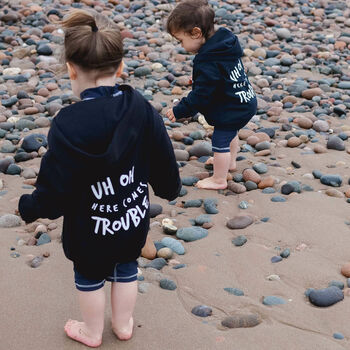 Uh Oh Here Comes Trouble Unisex Kids Zipped Hoodie, 6 of 10