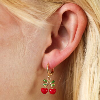 Cherry Bow Enamel Huggie Hoop Earrings In Gold Plating, 3 of 5