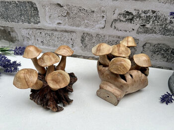 Handcrafted Wavy Cup Mushroom Sculpture Ornament On Natural Teak Root, 5 of 5