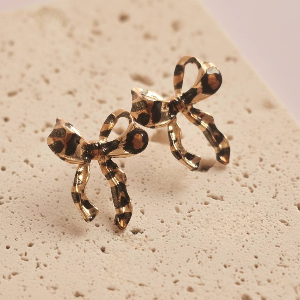 Leopard Print Bow Stud Earrings, 1 of 5