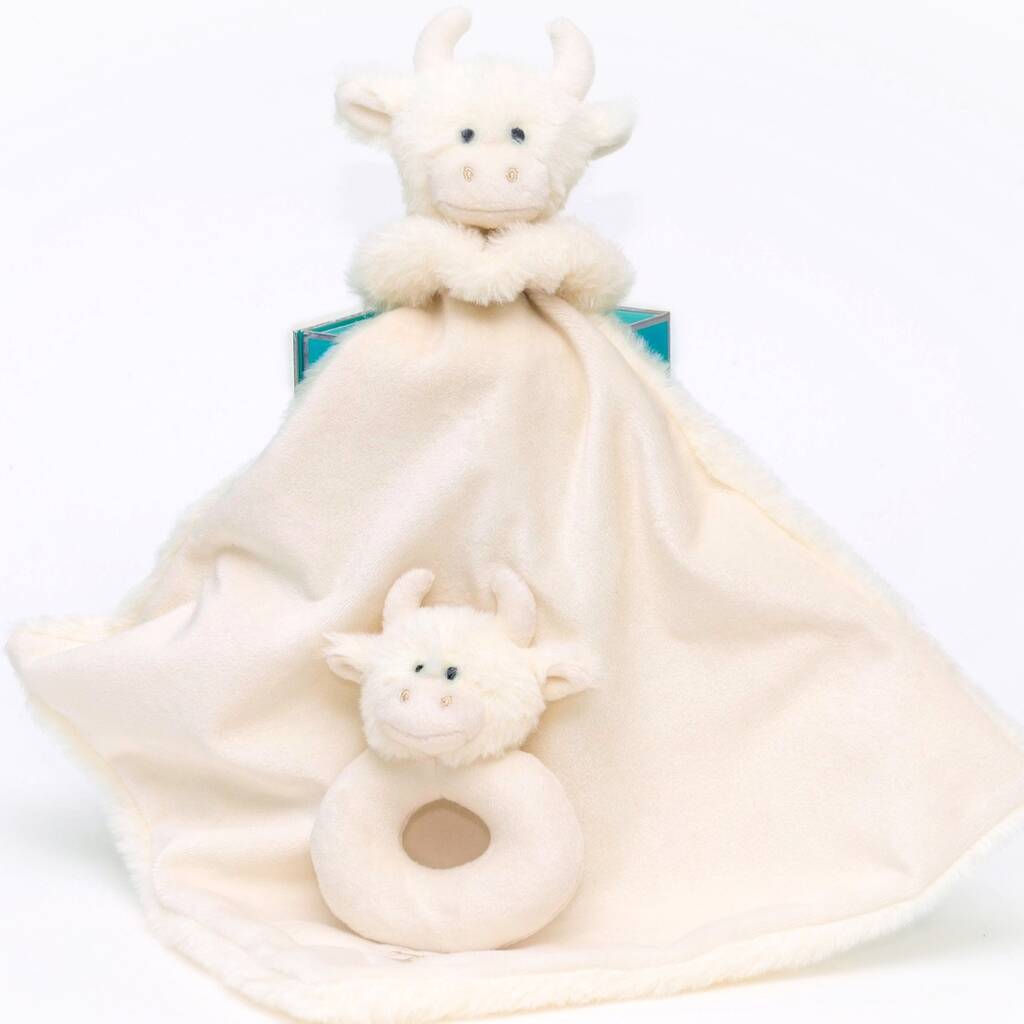 Cream Highland Cow Toy Soother And Rattle Gift Set, 1 of 6