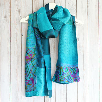 Teal Kantha Stitch Handmade Silk Scarf, 4 of 6