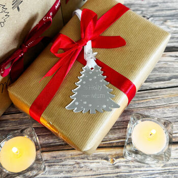 Personalised Silver Mirror Acrylic Christmas Tree Gift Tag Place Setting, 3 of 5