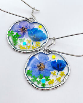Pressed Blue Flowers Drop Earrings Silver Or Gold, 4 of 9