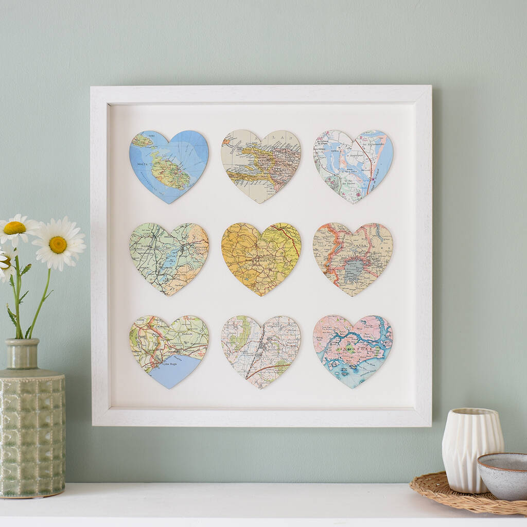 Wedding Anniversary Nine Map Hearts Wall Art Gift, 1 of 12