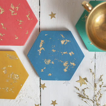 Colourful Gold Leaf Jesmonite Hexagon Coaster Set, 5 of 5