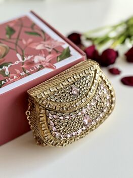 Shiraz Mini Kundan Pink And Gold Clutch, 3 of 9