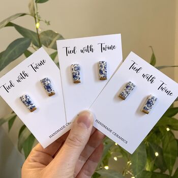 Blue And Gold Floral Ceramic Bar Stud Earrings, Minimalist Rectangular Studs, 8 of 10