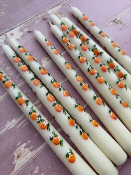 Hand Painted Pair Of Orange Blossom Taper Candles, 3 of 5