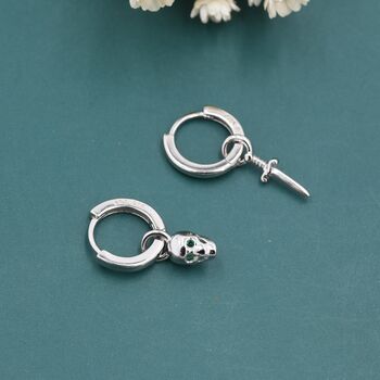 Mismatched Skull And Sword Huggie Hoop Earrings In Sterling Silver, 7 of 11
