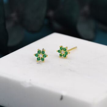 Emerald Green Cz Flower Stud Earrings Sterling Silver, 4 of 10