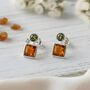 Handmade Cognac And Green Amber Silver Stud Earrings, thumbnail 1 of 3