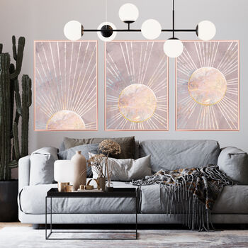 Set Of Three Boho Sun Pink Gold Wall Art Prints, 2 of 5