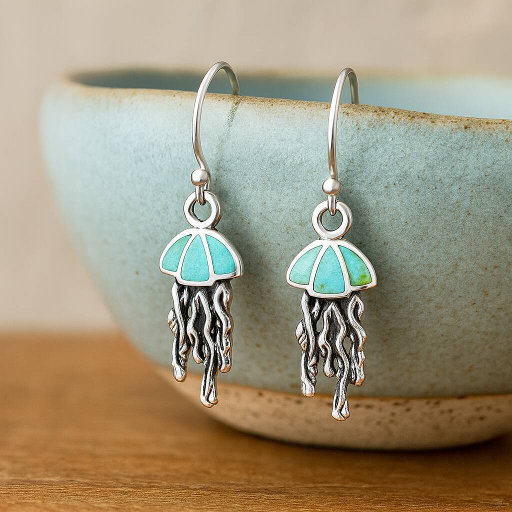 Turquoise Resin Sterling Silver Jellyfish Hook Earrings, 1 of 7