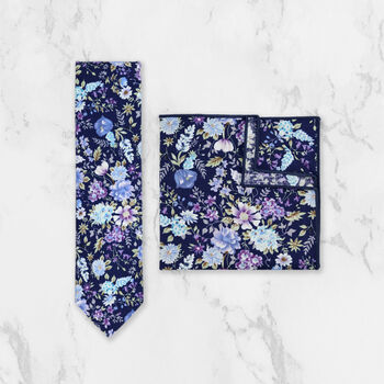 Handmade Wedding Tie In Navy And Purple Floral Print, 7 of 8