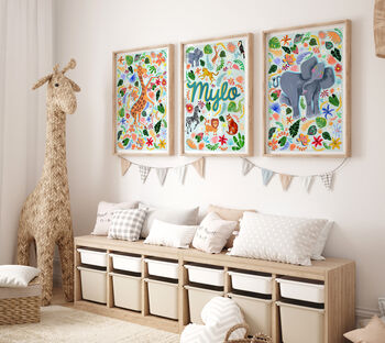 Personalised Sea Blue Safari Animal Name Print | Hand Painted Jungle Nursery Wall Art | Safari Baby Gift, 2 of 9