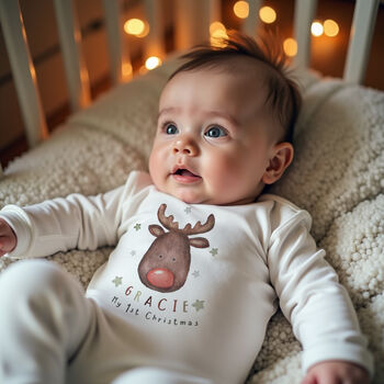 Personalised Baby’s First Christmas Outfit – Watercolour Reindeer, 4 of 5