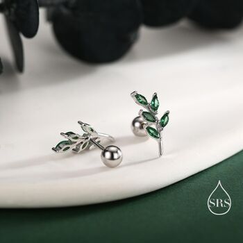 Sterling Silver Emerald Green Leaf Internally Threaded Flat Back / Screw Back / Stud Earrings, 7 of 12