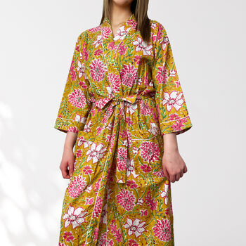 Yellow Floral Print Cotton Dressing Gown Kimono, 2 of 7