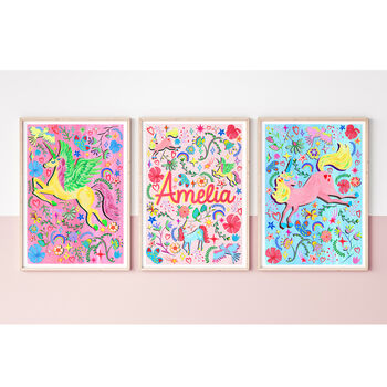 Personalised Pink Unicorn Nursery Print Set | Set Of Three Wall Art, 10 of 12