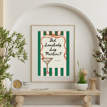 A4 Print, Did Somebody Say Martini? Green And Pink Stripe With Red Bow Border, 4 of 6