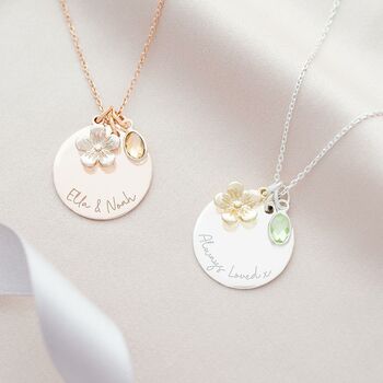 Flower And Birthstone Charm Personalised Disc Necklace, 6 of 11