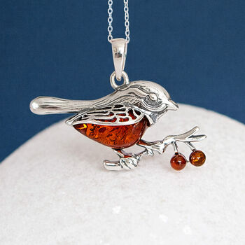 Personalised Sterling Silver Baltic Amber Robin Pendant Necklace, 3 of 10