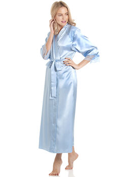 British Made Pale Blue Long Satin Dressing Gown With Lace Detail Bridal Party Ladies Size Eight To 28 UK, 2 of 5