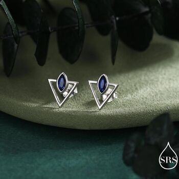 Sterling Silver Triangle And Sapphire Blue Marquise Cz Arrow Stud Earrings, 2 of 12