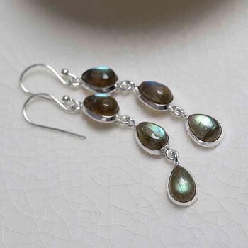 Sterling Silver Triple Labradorite Dangly Teardrops, 2 of 4