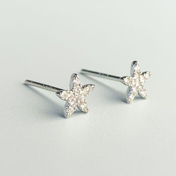 Sterling Silver Sparkly Flower Stud Earrings, 2 of 5