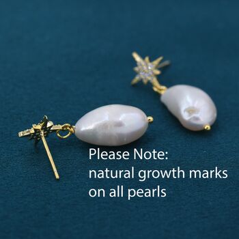 Sterling Silver Starburst Dangling Baroque Pearl Drop Earrings, 7 of 12