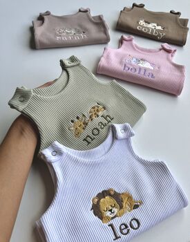 Safari Personalised Baby Dungarees Romper | Personalized Gift Lion, Unicorn, Giraffe, Cow, Sheep, Bunny, Teddy Or Goose, 3 of 8