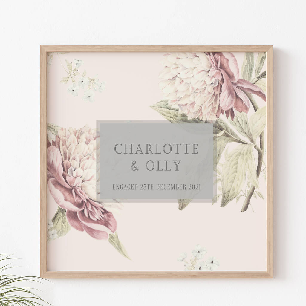 Engagement Gift Peonies Personalised Canvas Print, 1 of 2
