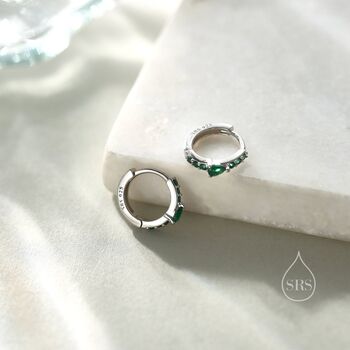 Sterling Silver Dainty Green Cz Huggie Hoop Earrings, 2 of 12
