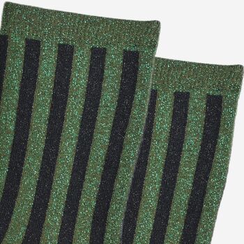 Women's Glitter Socks Khaki Black Vertical Stripe, 2 of 3