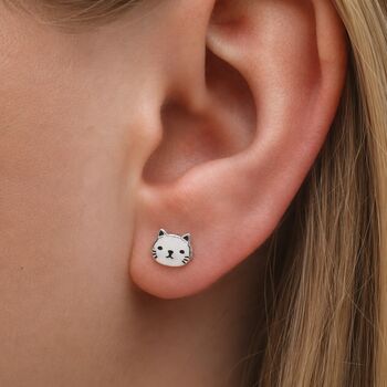 Sterling Silver Cat Face Stud Earrings, 2 of 9