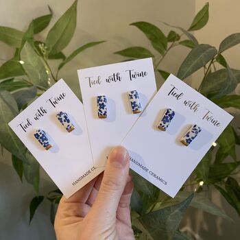 Blue And Gold Flower Print Ceramic Bar Stud Earrings, Minimalist Rectangular Studs, 8 of 8