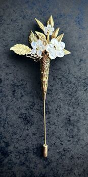 The Margot Buttonhole Mother Of Pearl Carved Shell Gold Silver Handmade Lapel Pin Bouttoniere, 3 of 8