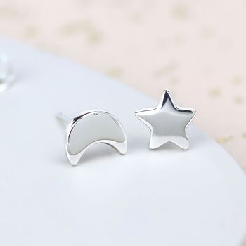 Sterling Silver Mismatched Moon And Star Stud Earrings, 3 of 10