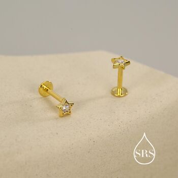Sterling Silver Tiny Cz Star 16g Flat Back Stud Earrings UK, 4 of 11