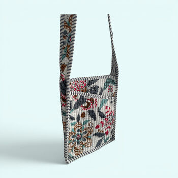 Mini Cross Body Bag | Grey With Turquoise And Red Block Print Floral, 5 of 5