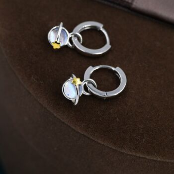 Sterling Silver Moonstone Planet And Gold Star Huggie Hoop Earrings, 4 of 11