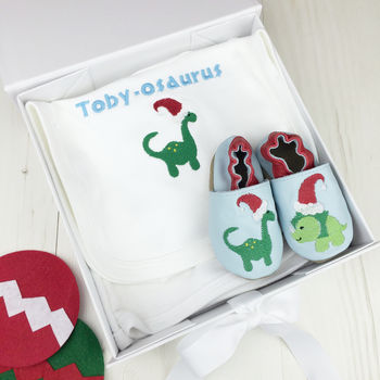 Personalised Christmas Dinosaur Baby Shoes, 6 of 8