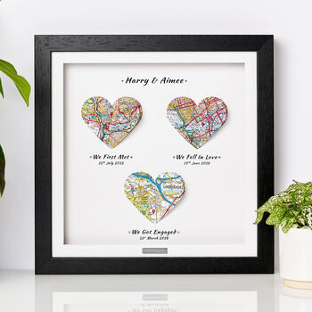 Three Personalised Heart Maps Framed Print, 7 of 12