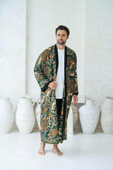 Green Men's Full Length Batik Kimono Robe, 3 of 6