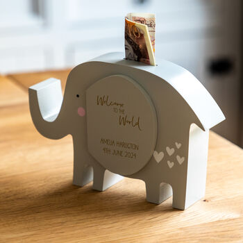 Personalised Elephant Money Box Welcome To The World, 4 of 6