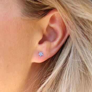 Tiny Sterling Silver Twinkling Blue Star Stud Earrings, 2 of 9