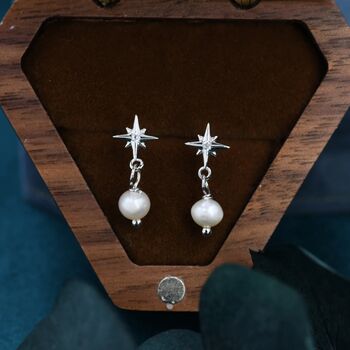 Tiny Starburst And Dangle Pearl Stud Earrings, 5 of 11