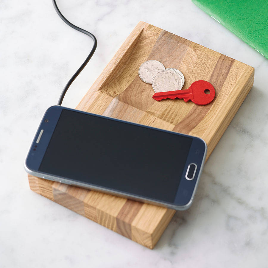 solid wood wireless phone charger and tray by griffin and sinclair